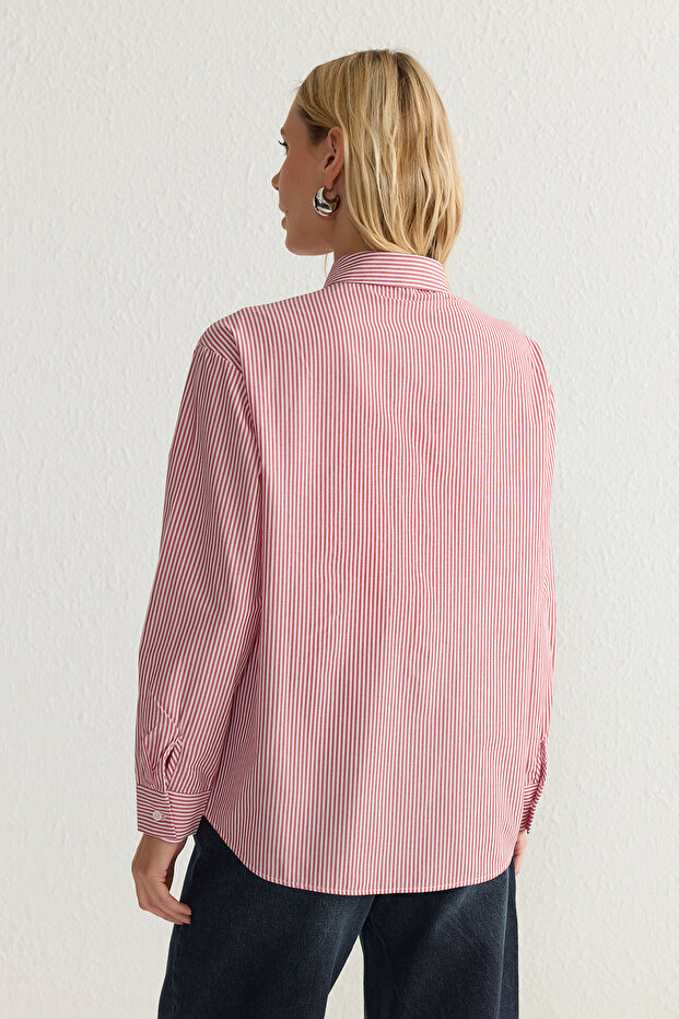 Kırmızı Çizgili Oversize Geniş Kalıp Dokuma Gömlek TWOAW23GO00359 - 5