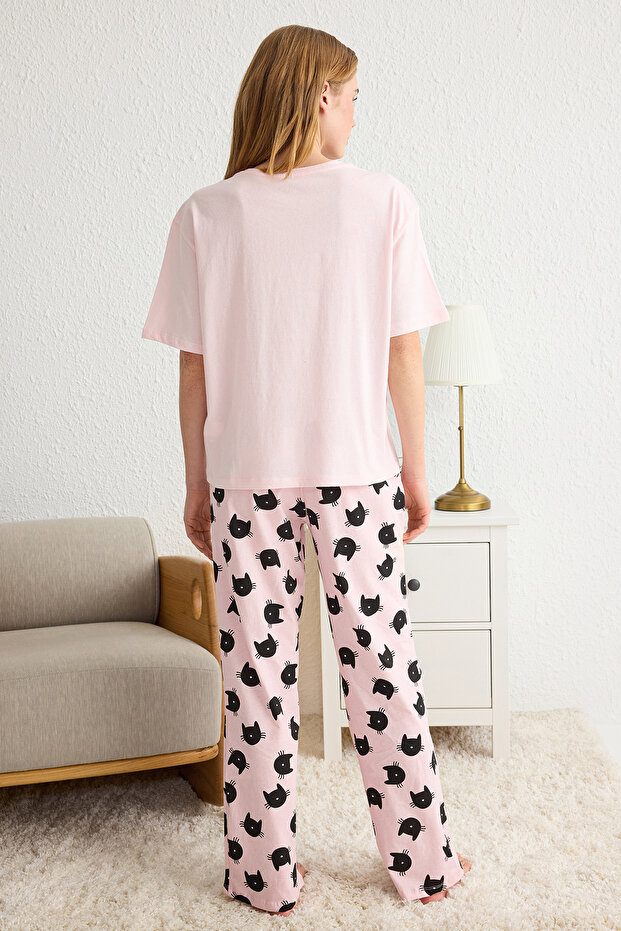 Pembe %100 Pamuklu Kedi Desenli Örme Pijama Takımı THMSS25PT00161 - 5