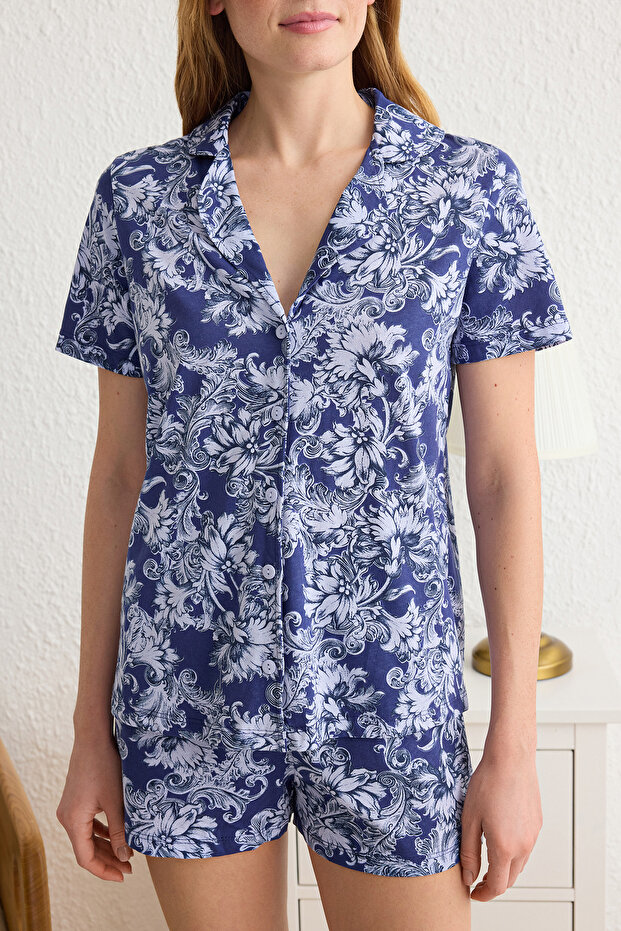 Lacivert %100 Pamuklu Etnik/Bohem Desenli Şortlu Örme Pijama Takımı THMSS25PT00098 - 4