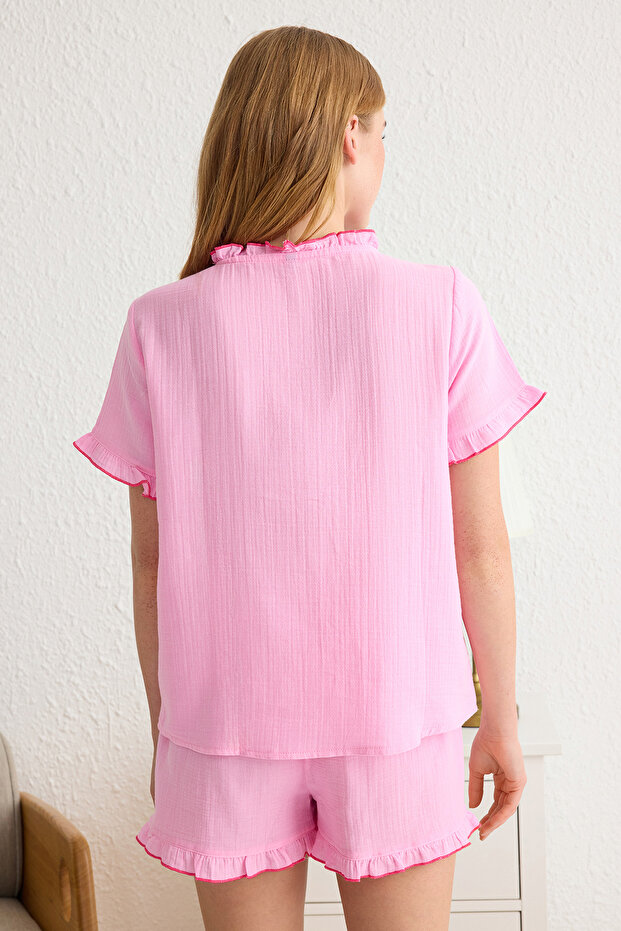 Açık Pembe %100 Pamuklu Fırfırlı Müslin Şortlu Dokuma Pijama Takımı THMSS25PT00047 - 5