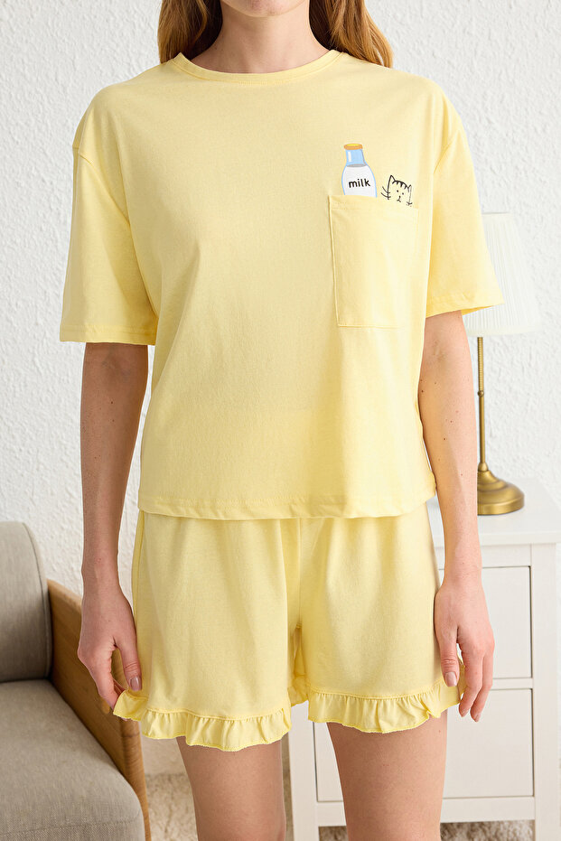 Sarı %100 Pamuklu Fırfırlı Baskılı Şortlu Örme Pijama Takımı THMSS22PT0422 - 3