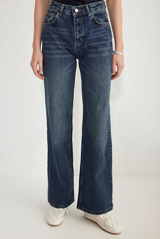 Koyu Mavi Premium Yüksek Bel Wide Leg Jeans TWOSS25JE00089 - 3