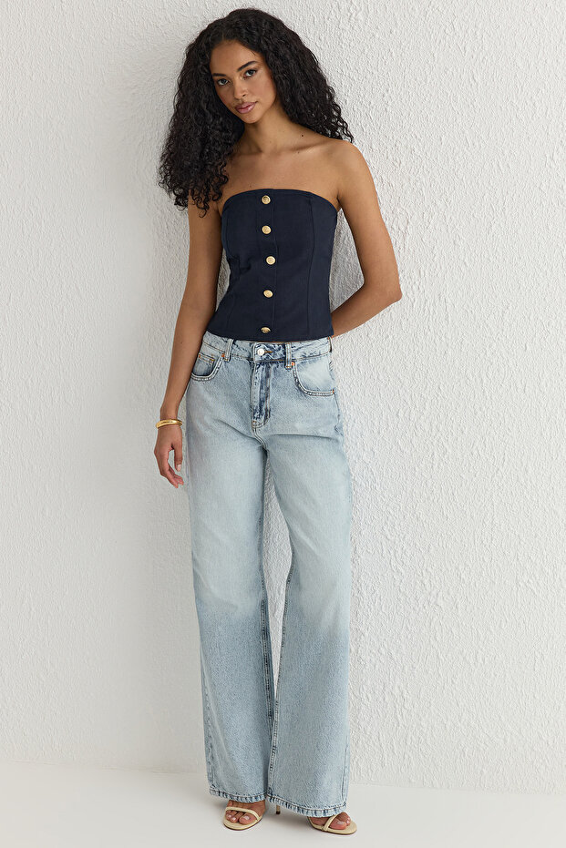 Lacivert Yumuşak Hissiyatlı Straplez Crop Dokuma Bluz TWOSS25BZ00102 - 2