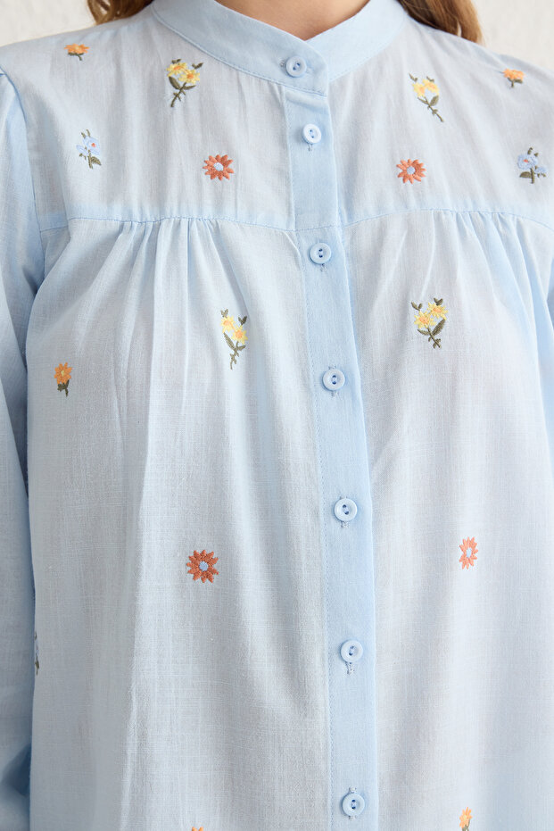 MaviÇiçek Nakışlı Oversize Dokuma Gömlek TWOSS23GO00152 - 4