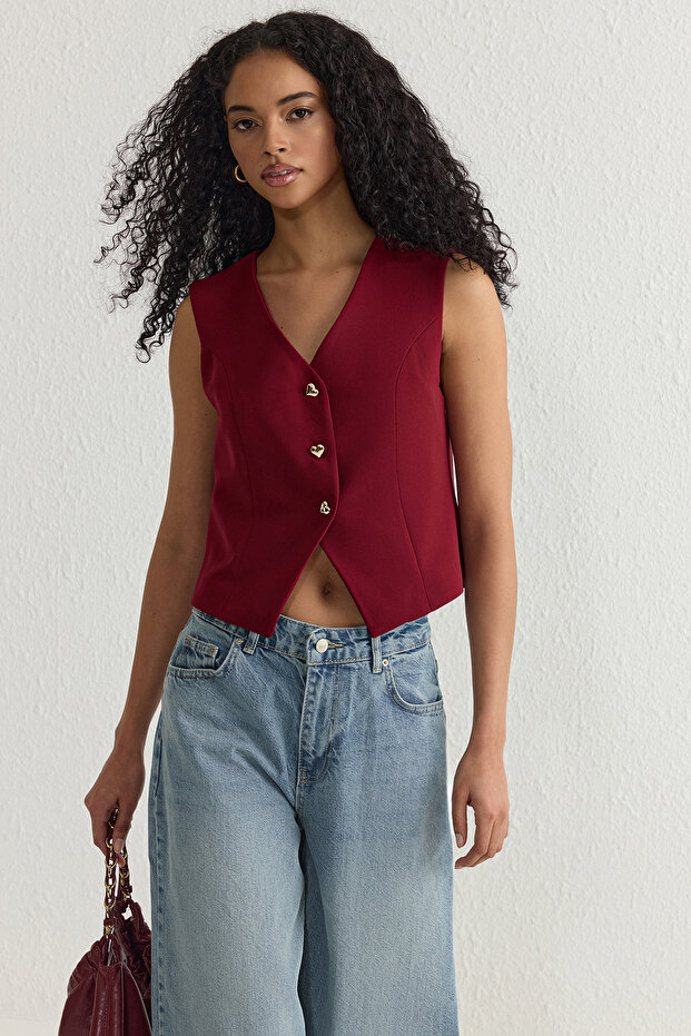 Bordo Fitted Crop Kalpli Düğmeli Dokuma Yelek TWOSS25YE00015 - 1