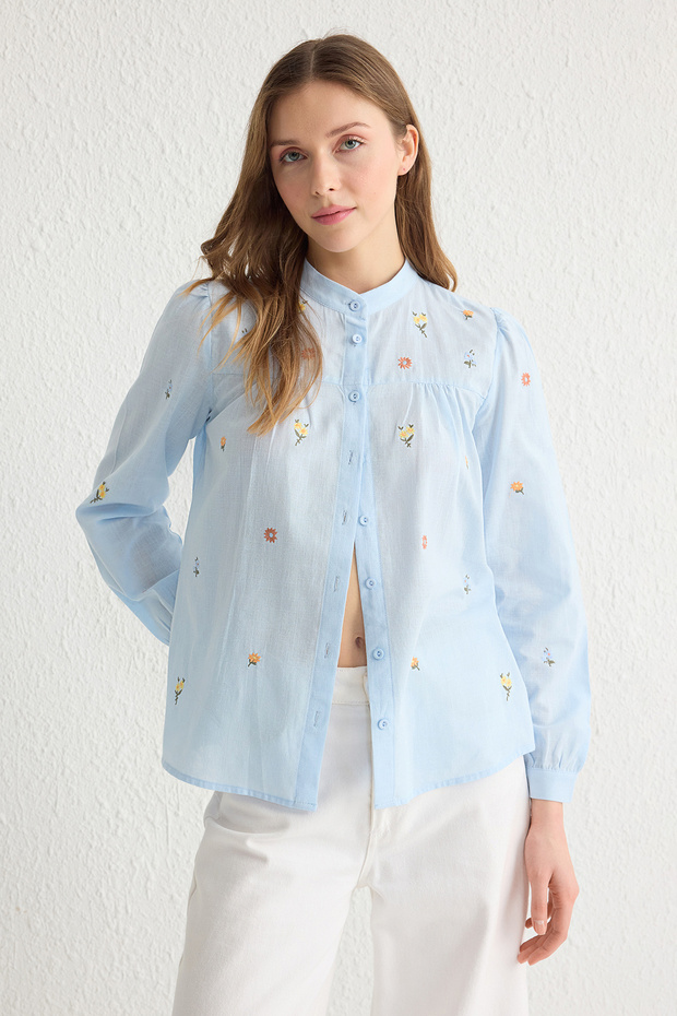 MaviÇiçek Nakışlı Oversize Dokuma Gömlek TWOSS23GO00152 - 1