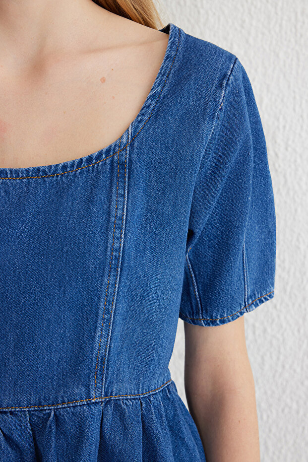 Mavi Dikiş Detaylı Volanlı Denim Bluz TWOSS25BZ00001 - 4