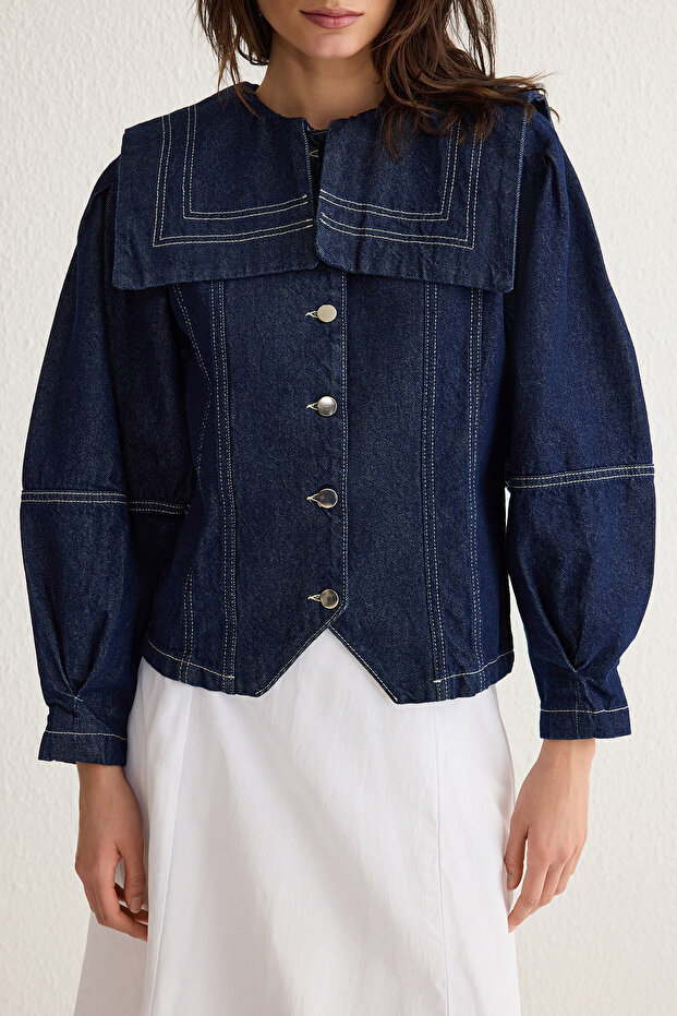 Koyu Mavi Denizci Yaka Detaylı Kontrast Dikişli Denim Gömlek Ceket TWOSS25CE00003 - 3