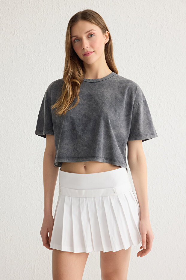 Antrasit Yıkamalı %100 Kalın Pamuklu Crop Örme T-Shirt TWOSS23TS00038 - 1