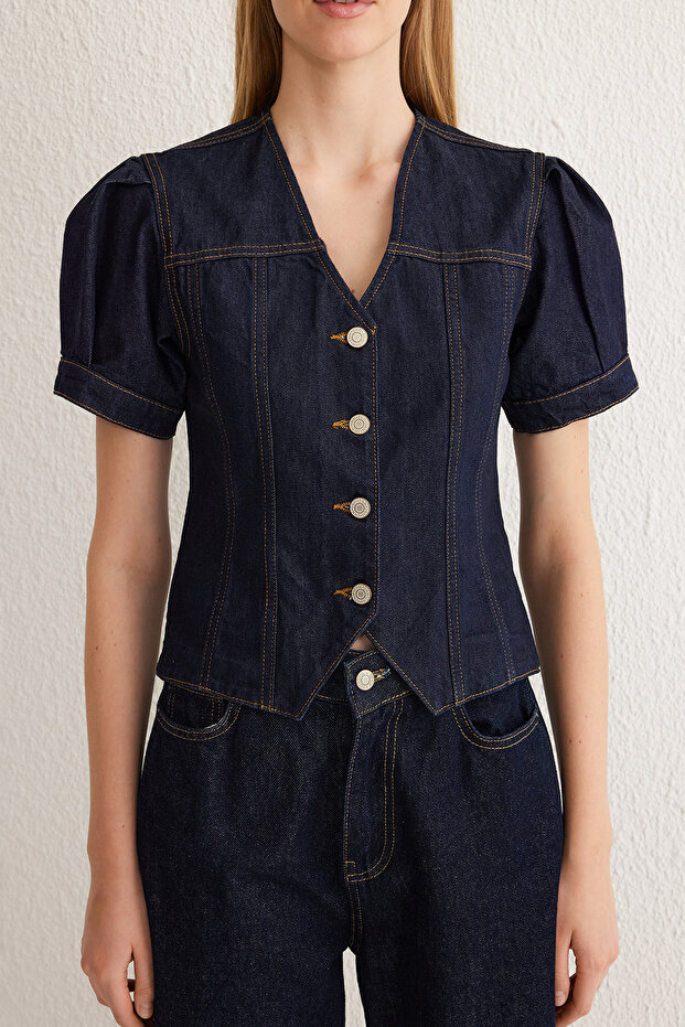 Koyu Mavi Kısa Balon Kollu V Yaka Denim Bluz TWOSS25BZ00000 - 3