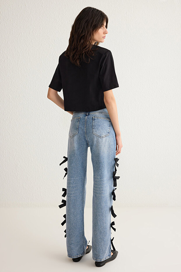 Mavi Kurdele/Fiyonk Detaylı Normal Bel Wide Leg Geniş Paça %100 Pamuk Jeans TWOSS25JE00035 - 6