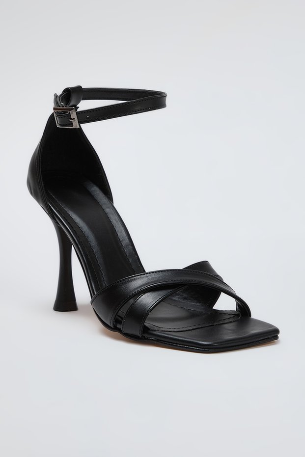 Black Cross Strap Thin Heeled Square Toe Women's Classic Heeled Shoes Takss25To00001