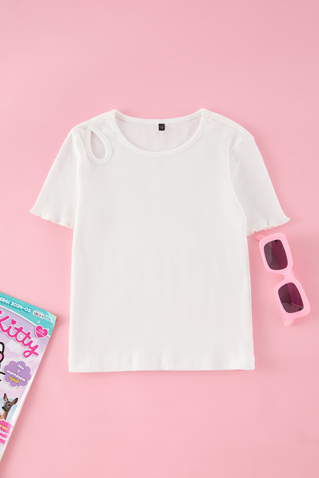 Ekru Kız Çocuk Pamuklu Basic Regular Kalıp Cut-Out Detaylı Kısa Kol Örme T-Shirt TKDSS25TS00022 - 3