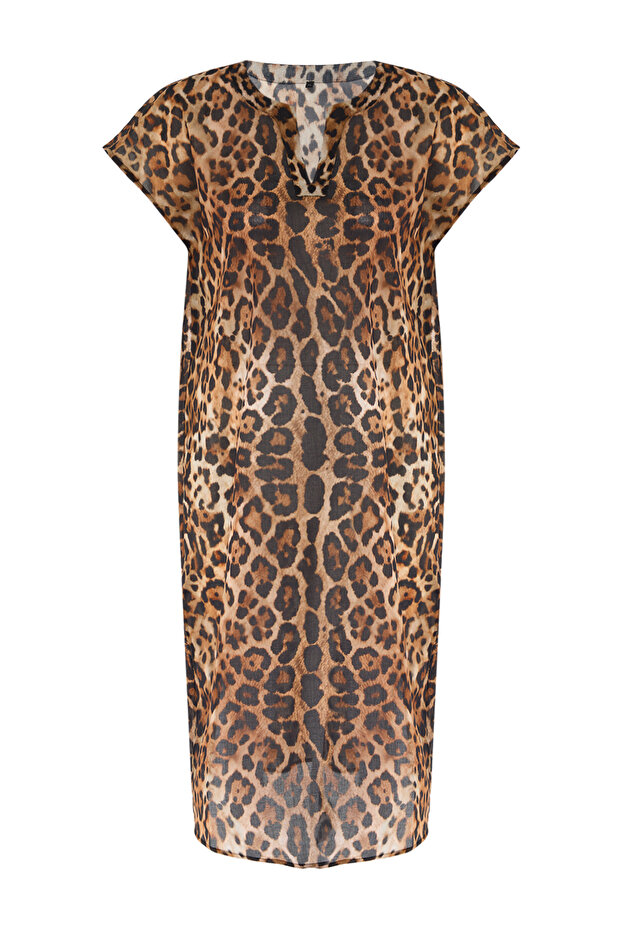 Leopar Desenli Dokuma %100 Pamuk Plaj Midi Elbise TBESS25EL00014 - 5