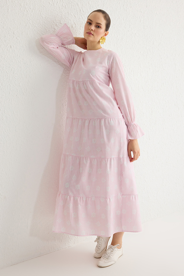 Açık Pembe Astarlı Çiçekli Dokuma Terrycotton Elbise TCTSS21EL3441 - 3
