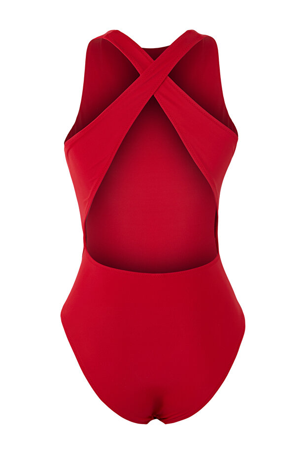 Czerwony kostium kąpielowy z odkrytymi plecami i dekoltem halter TBESS25MA00038 - 7