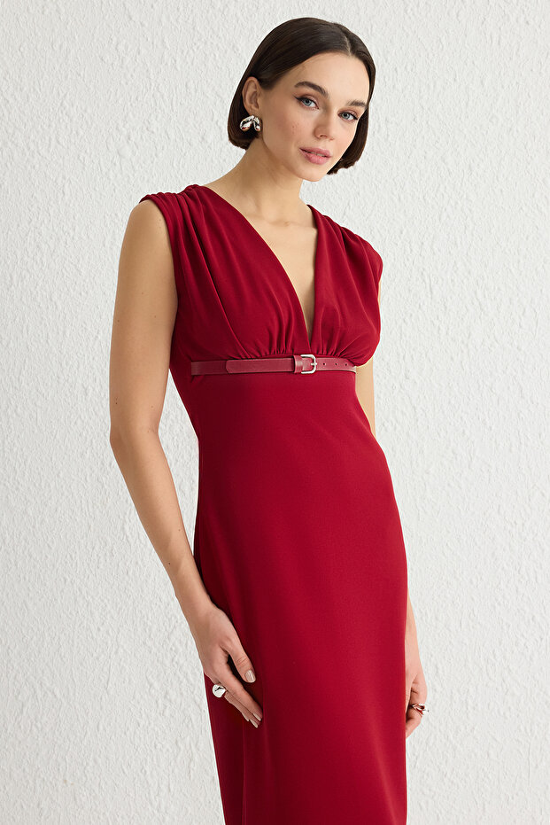 Bordo V Yaka Kemerli Bodycone/Vücuda Oturan Midi Örme Elbise TWOSS25EL00083 - 3