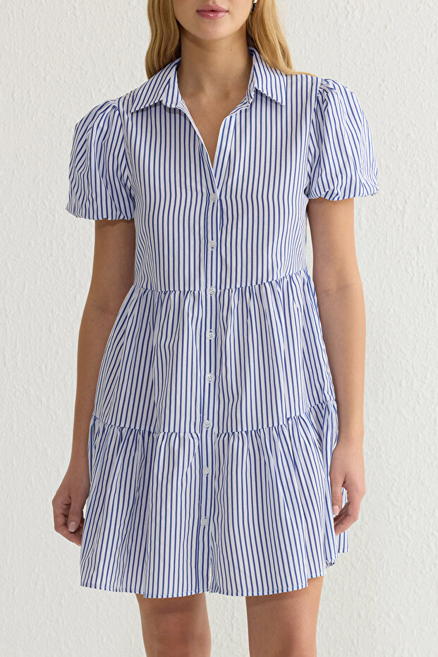 Beyaz Çizgili Mini Poplin Dokuma Gömlek Elbise TWOSS25EL00024 - 5