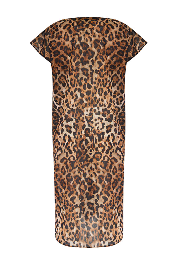Leopar Desenli Dokuma %100 Pamuk Plaj Midi Elbise TBESS25EL00014 - 7