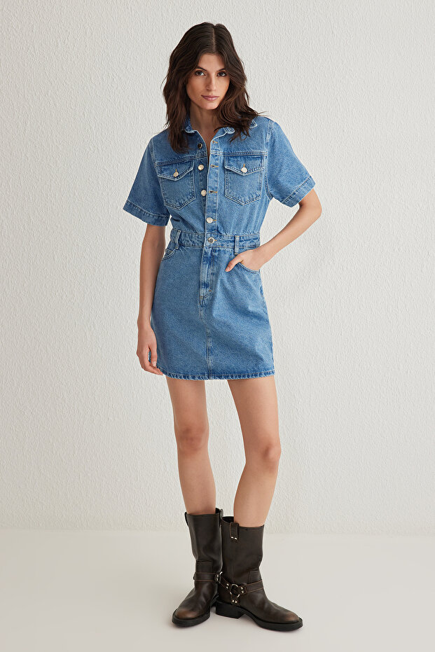 Mavi Cep Detaylı Kısa Kollu Mini Denim Gömlek Elbise TWOSS25EL00156 - 2