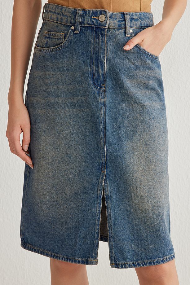 Mavi Yırtmaçlı Midi Denim Etek TWOSS25ET00022 - 4