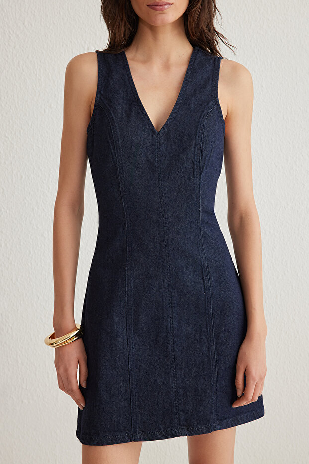 Koyu Mavi V Yaka Mini Denim Elbise TWOSS25EL00151 - 3