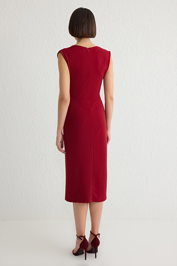Bordo V Yaka Kemerli Bodycone/Vücuda Oturan Midi Örme Elbise TWOSS25EL00083 - 6