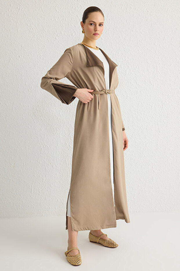 Bej Kahverengi Renk Bloklu Uzun Aerobin Dokuma Kap & Ferace & Abaya TCTSS24KF00011