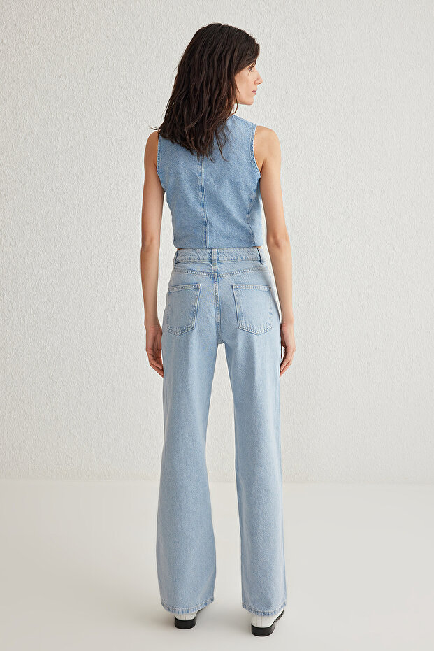 Açık Mavi Çiçek Nakışlı Yüksek Bel Wide Leg Geniş Paça %100 Pamuk Non-Stretch Jeans TWOSS25JE00047 - 5