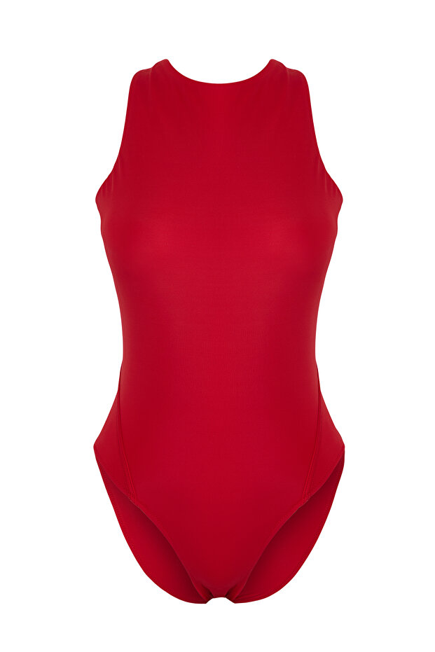 Czerwony kostium kąpielowy z odkrytymi plecami i dekoltem halter TBESS25MA00038 - 5