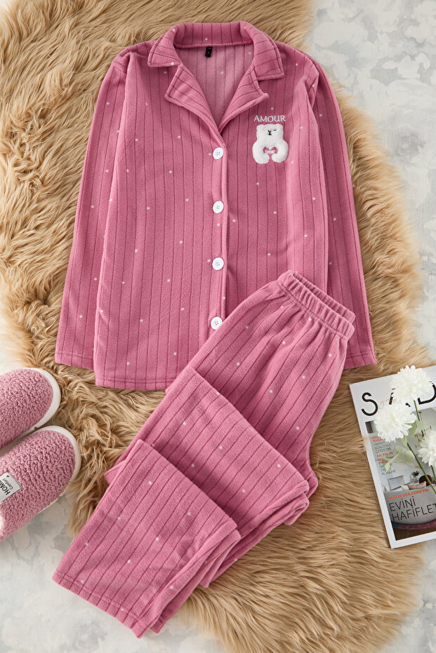 Gül Kurusu Puantiyeli Hayvan Baskılı Polar Kışlık Örme Pijama Takımı THMAW24PT00176 - 5
