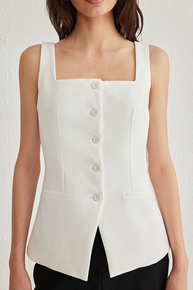 Beyaz Bolero Detaylı Dokuma Blazer Ceket TWOSS24BC00019 - 4