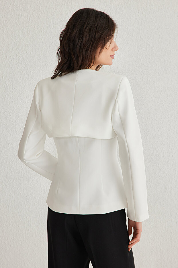 Beyaz Bolero Detaylı Dokuma Blazer Ceket TWOSS24BC00019 - 5