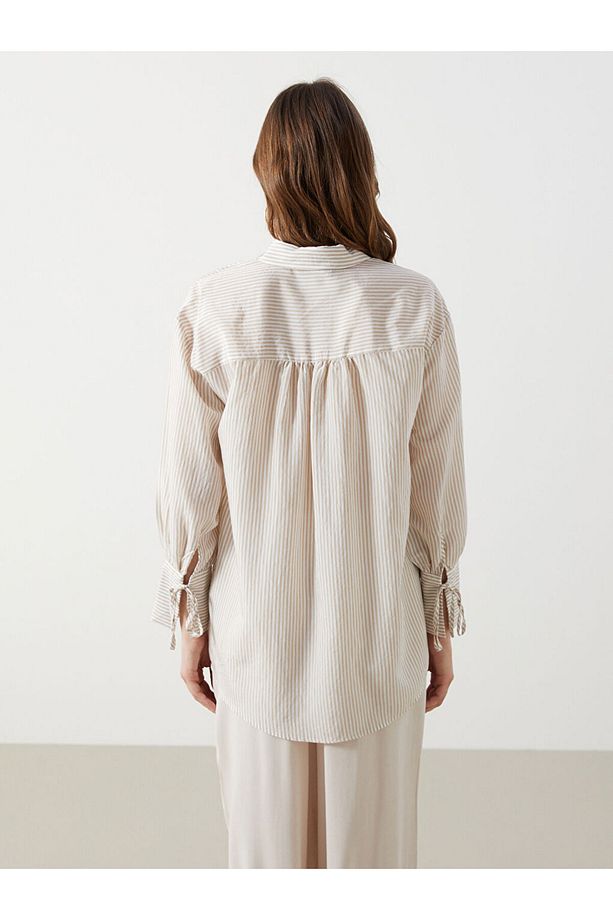 LCW Modest Bej Çizgili Oversize Kadın Gömlek Tunik - 5
