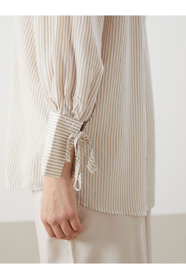LCW Modest Bej Çizgili Oversize Kadın Gömlek Tunik - 4