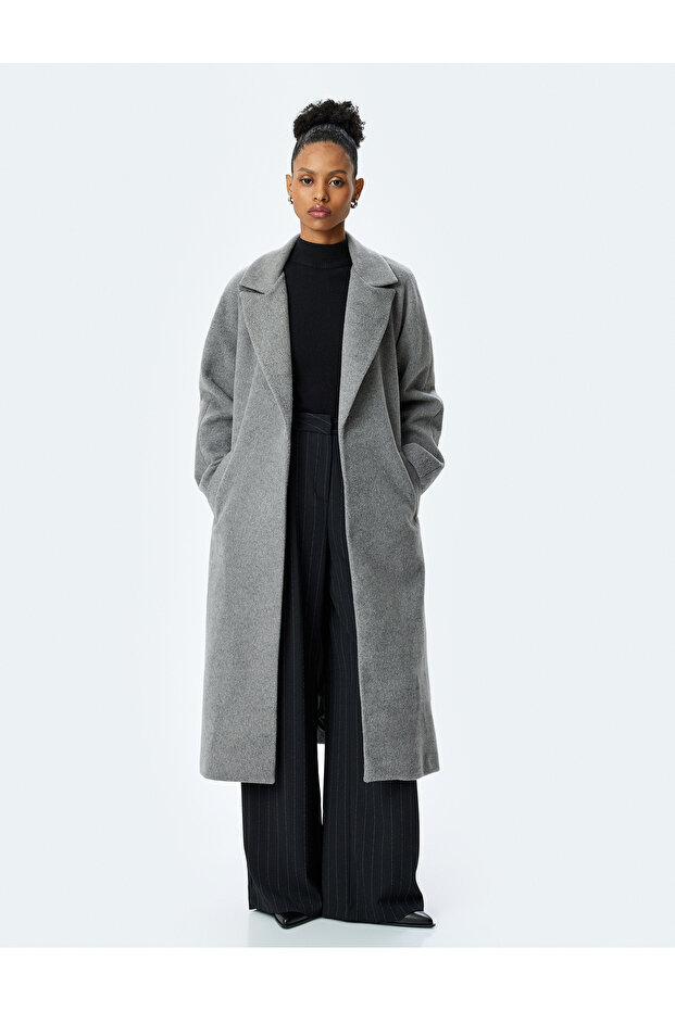 Long Sleeve Double Breasted Cashmere Coat with Pockets and Belt