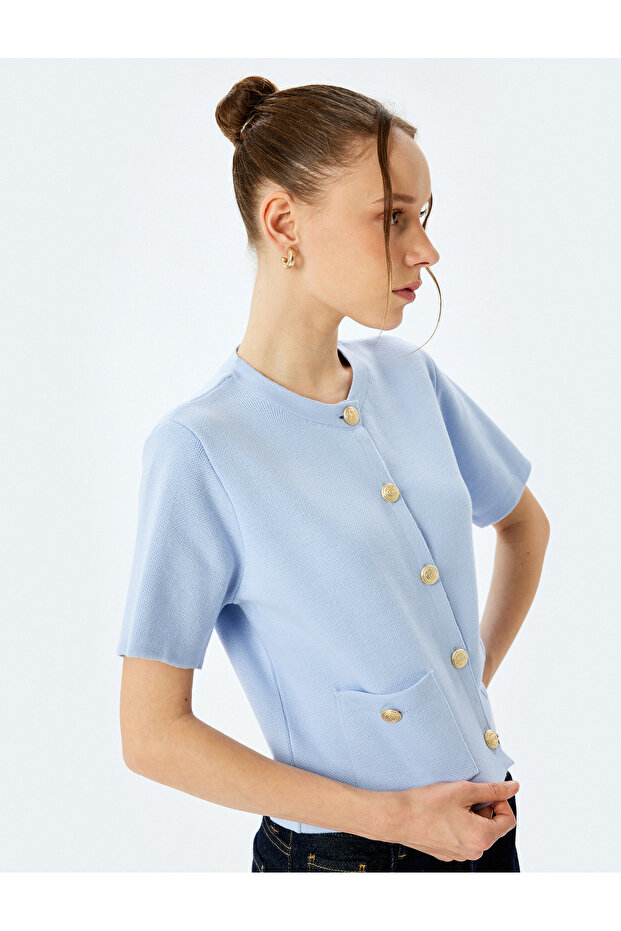 Short Sleeve Crew Neck Pocket Detailed Buttoned Knitwear Cardigan