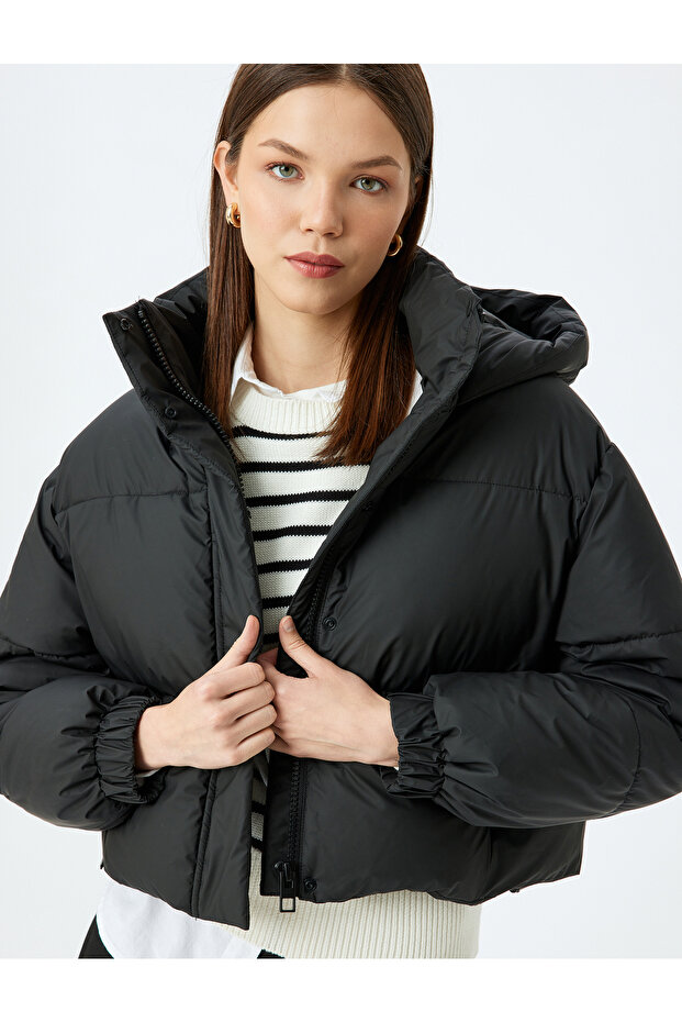 Quilted Crop Puffer Jacket with Hooded Zippered Pocket Detail