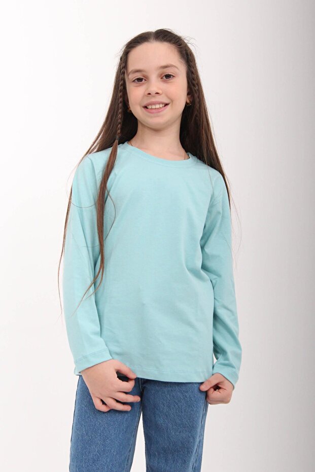 %100 Pamuklu Kız ve Erkek Unisex Uzun Kollu Basic Tshirt Mavi - 2