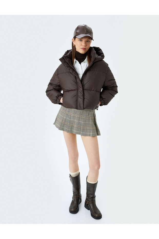 Quilted Crop Puffer Jacket with Hooded Zippered Pocket Detail