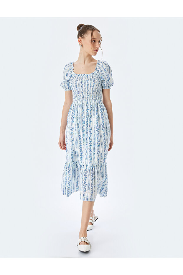 Tiered Gipeli U Neck Balloon Sleeve Long Floral Dress