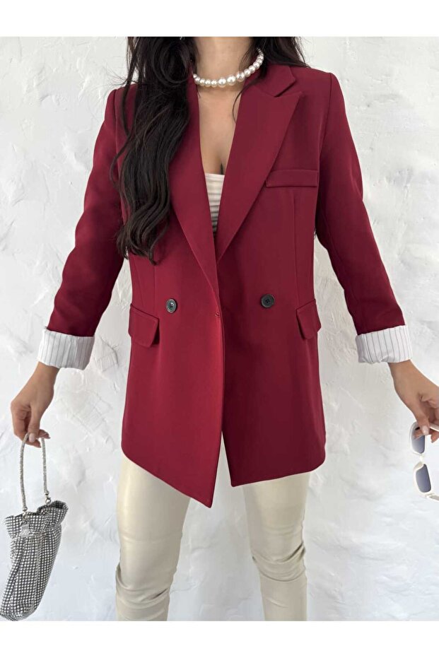 Blazer Jacket Women-Button Detail Striped Inner Lining Blazer Jacket