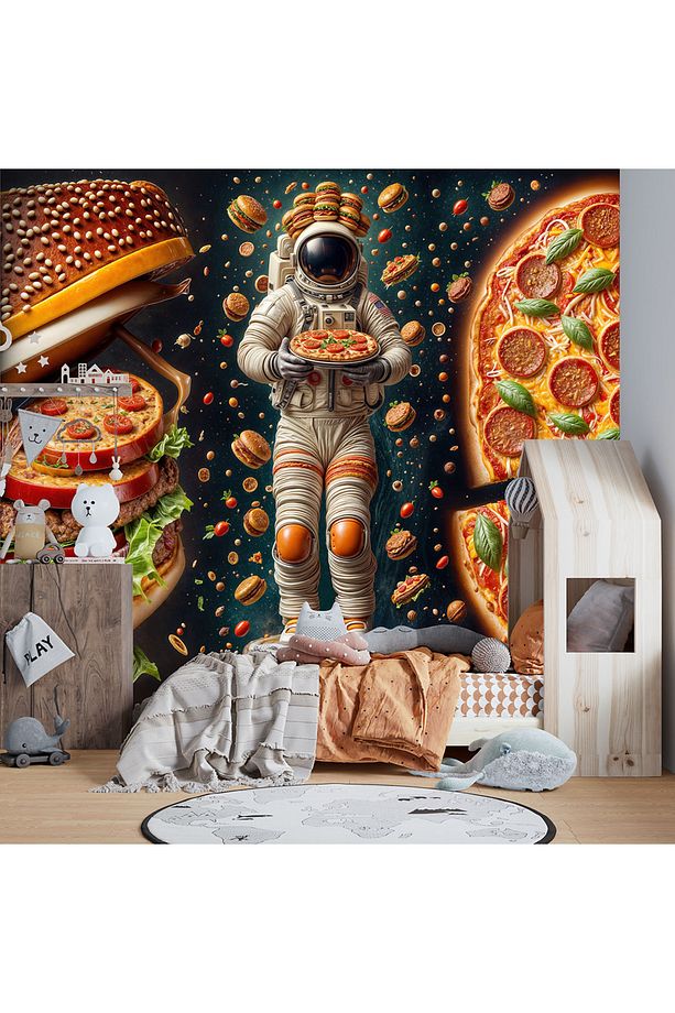 Astronotun hamburger ve pizza pozu poster duvar kağıdı - 1