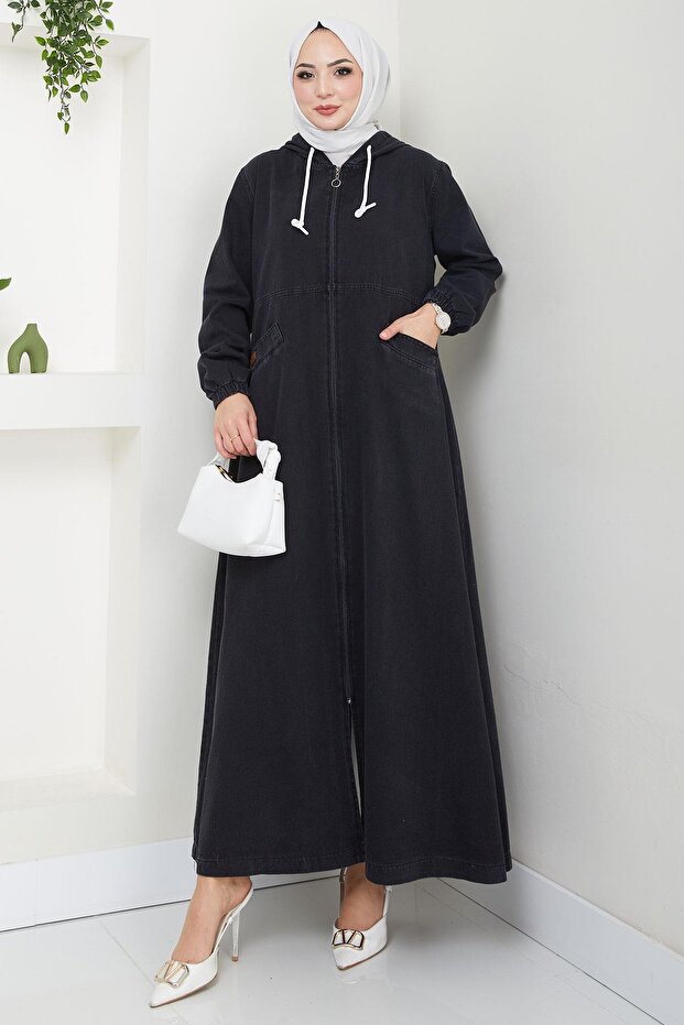 معطف دينم بقلنسوة أسود HM2653