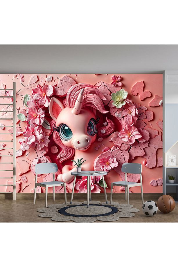 Duvarı kırıp çıkan sevimli unicorn poster duvar kağıdı - 3