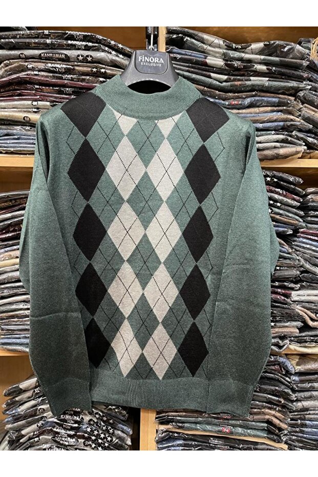 Men's Dad Green Print Thin Half Turtleneck Knitwear Sweater