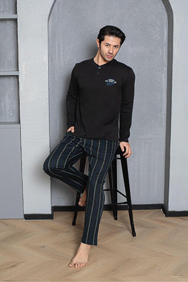 Men's Buttoned Collar 100% Cotton Seasonal Knitted Combed Cotton Long Sleeve Pajamas Set