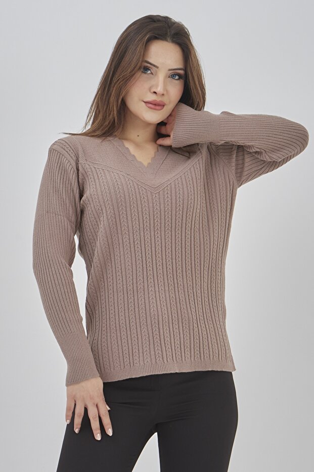 Women's Knitwear Beige V-Neck Winter Stretchy Mother Sweater