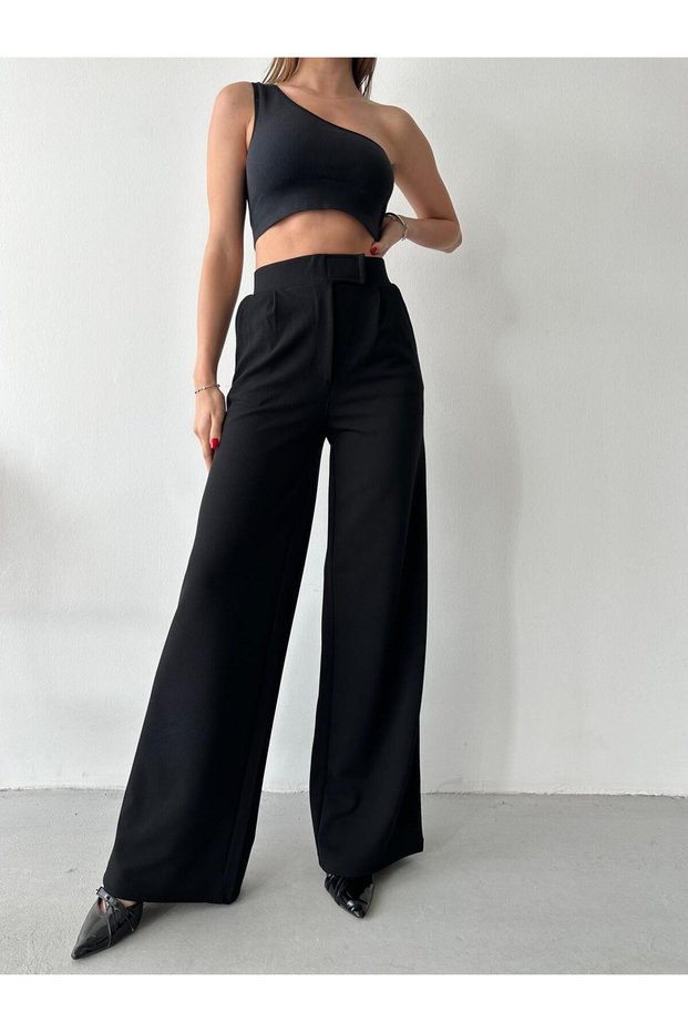 Women's Licrated Cirt Closure Palazzo Pants Bol Legs High Waist Pants