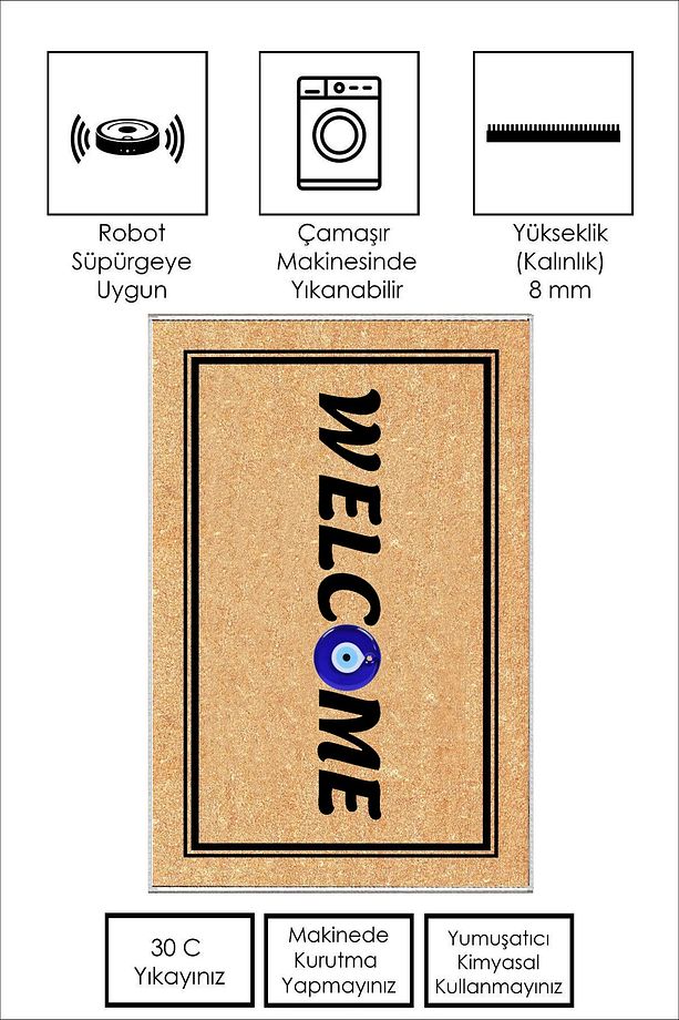Dijital Baskı Yıkanabilir Welcome Hasır Desenli Paspas, Kaymaz Tabanlı Kapı Önü Paspası, 40x60 cm - 2
